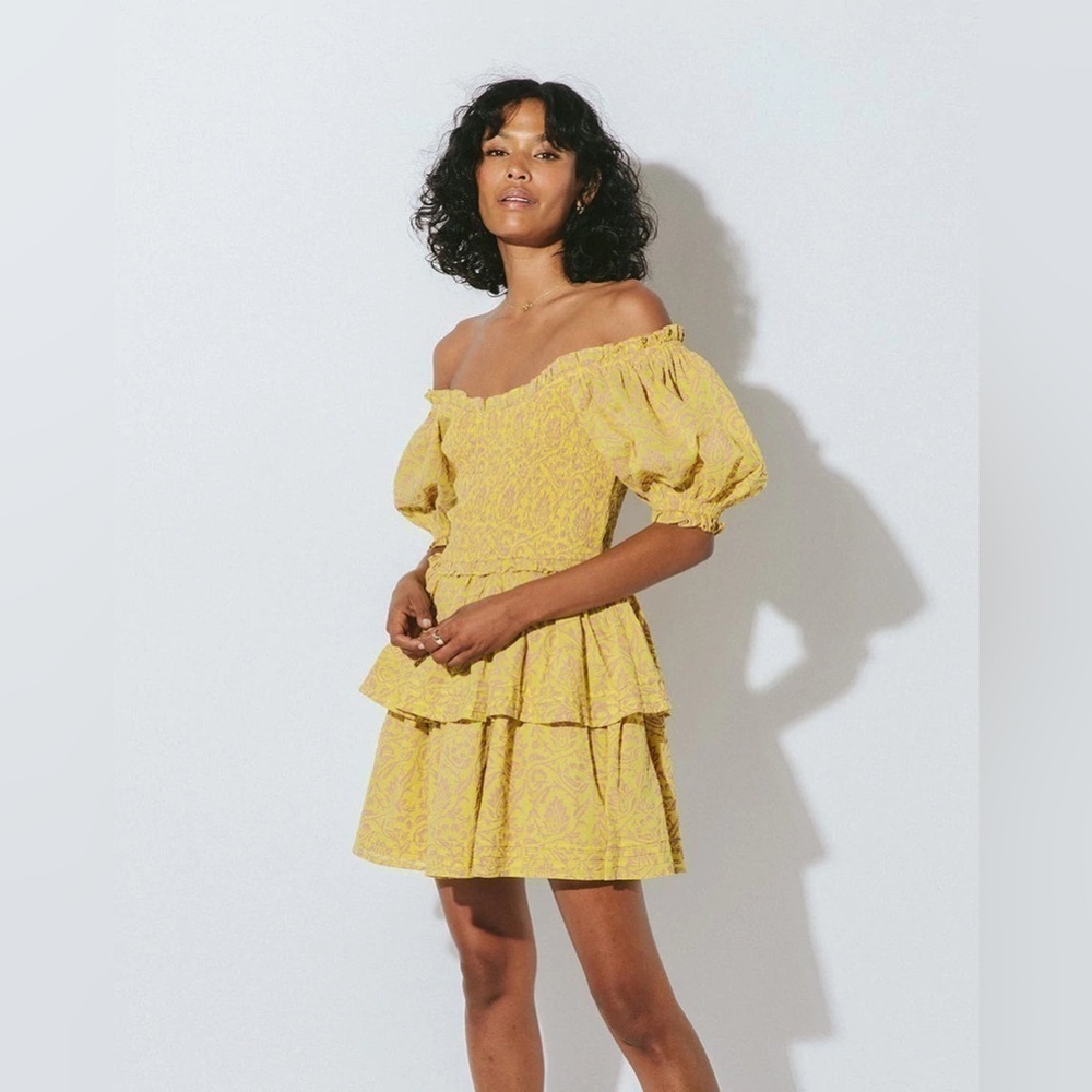 Cleobella Luna Smocked Mini Dress Camellia Yellow - Picture 2 of 14